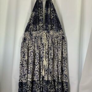 Free People Navy and Cream Halter Boho Print Mini Dress